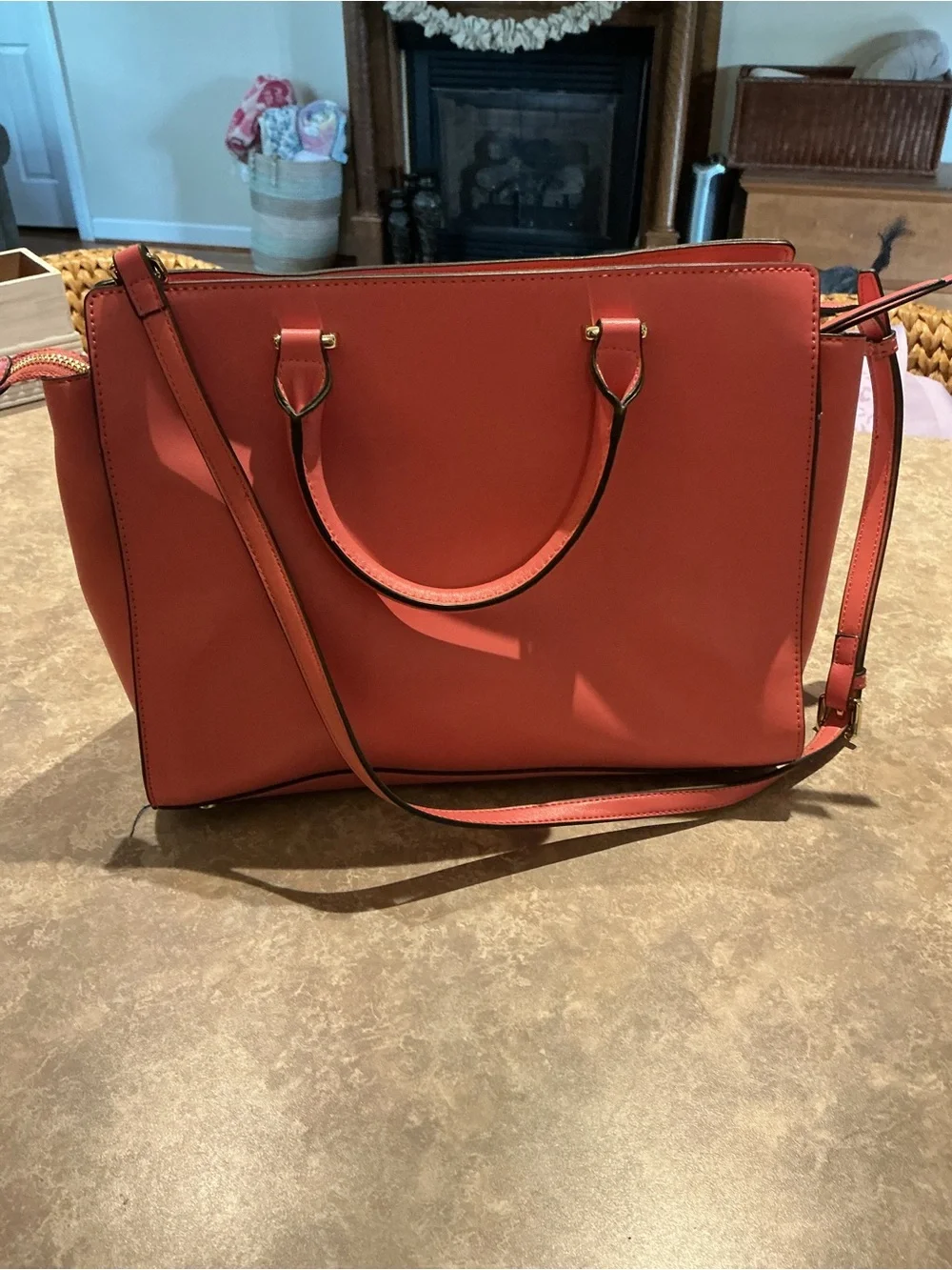 crown & ivy Coral Laser-Cut Satchel with Top Handles Pocketbook Purse